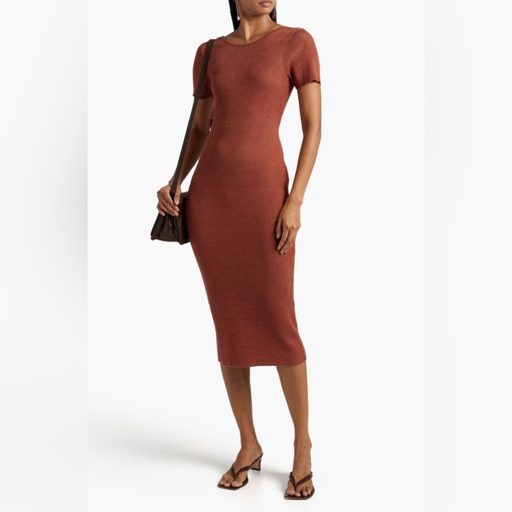 Naadam Brown Ribbed Midi Dress Reversible Cotton Cashmere Blend Size S
